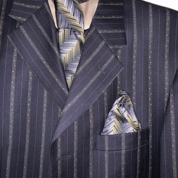 Men’s Navy blue olive green stripe suit 42L 35W - Picture 3 of 4